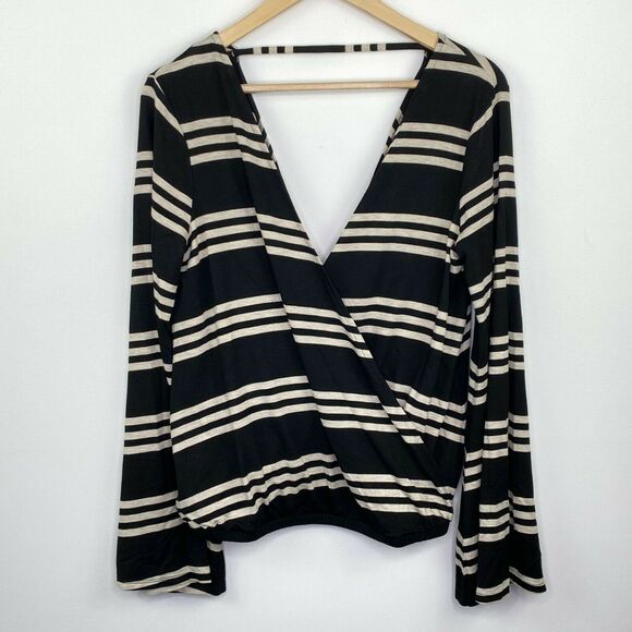 Chaser Tops - Chaser Womens Black Striped V Neck Bell Sleeve Top Women Sz M Y2K‎ Edgy Festival